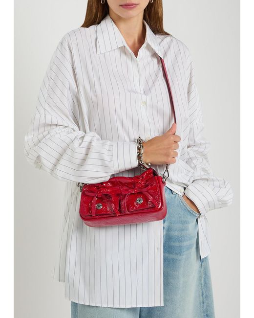 Acne Red Mini Crinkled Patent Leather Top Handle Bag