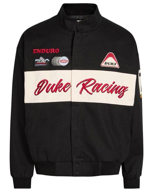 Duke & Dexter Black Racing Patchwork Appliqués Cotton Varsity Jacket for men