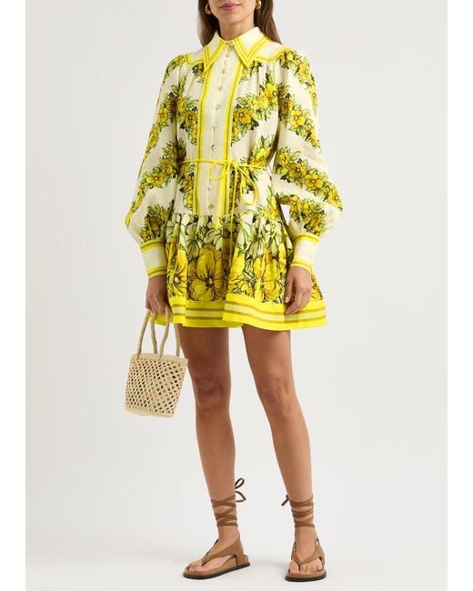 ALÉMAIS Yellow Gisela Printed Linen Mini Shirt Dress