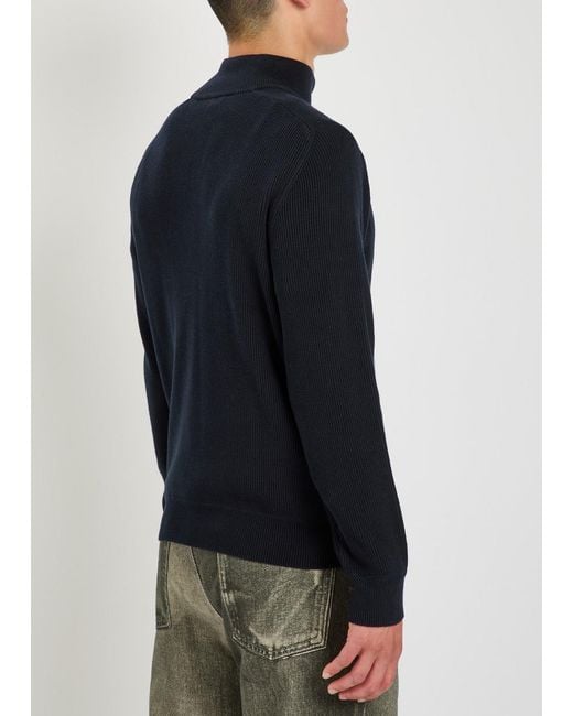 Stone Island Blue Logo-Appliquéd Half-Zip Ribbed Cotton-Knit Jumper for men