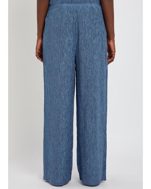 Eileen Fisher Blue Crinkled Wide-Leg Woven Trousers