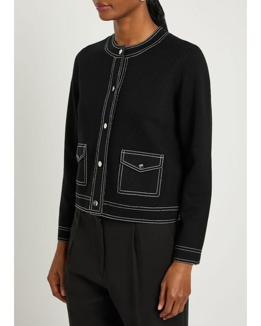 Tory Burch Black Topstitch Wool Cardigan