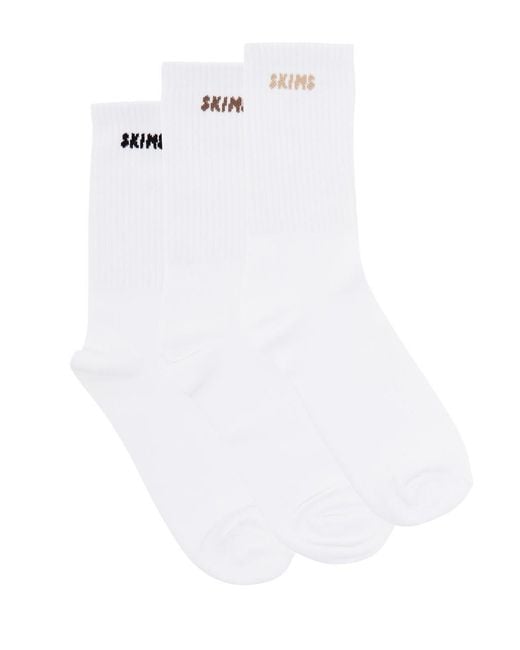 Skims White Logo-Intarsia Cotton-Blend Socks