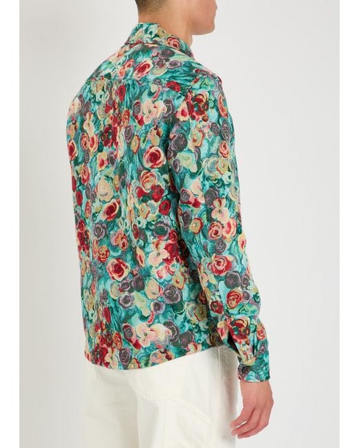 Les Deux Green Floral-Jacquard Woven Overshirt for men