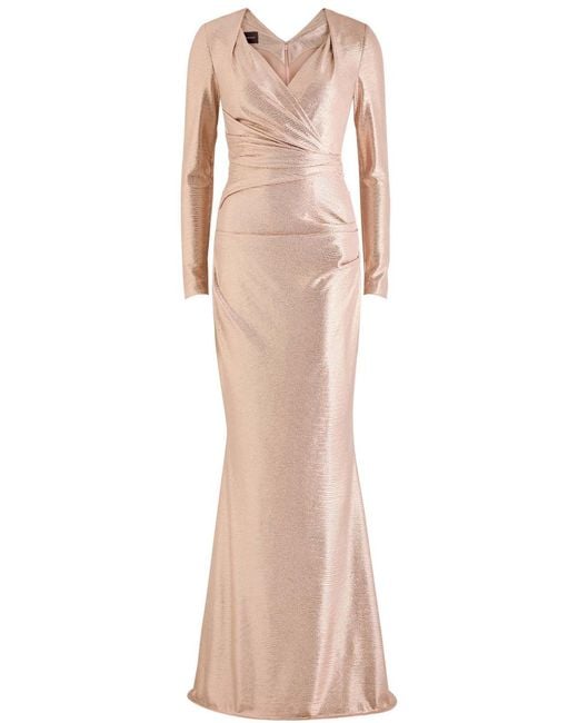 Talbot Runhof Natural Wrap-Effect Lamé Gown
