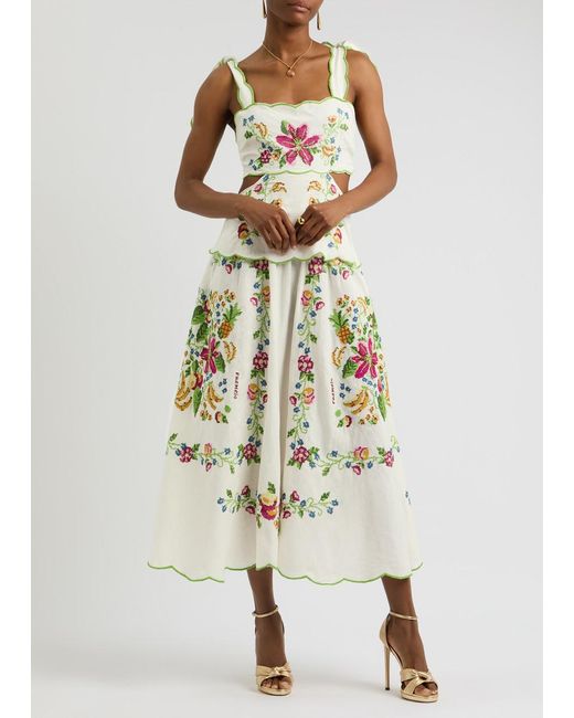 Farm Rio White Tropical Romance Floral-Embroidered Linen-Blend Midi Dress