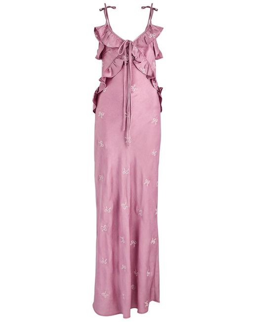 Damson Madder Pink Kiki Bow-Embroidered Satin Maxi Dress