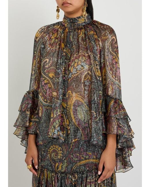 Etro Brown Printed Metallic-Silk Shirt