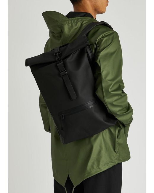 Rains Black Rubberised Backpack for men