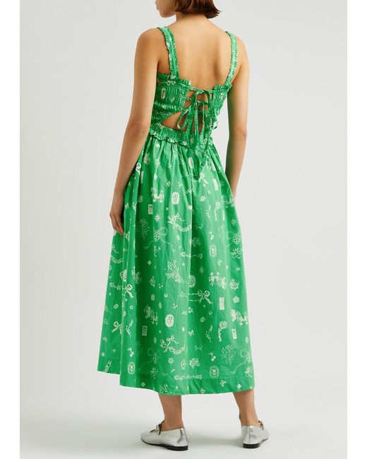 Damson Madder Green Kiera Printed Cotton Midi Dress