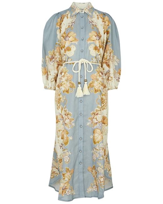 ALÉMAIS Blue Blythe Floral-print Linen Shirt Dress