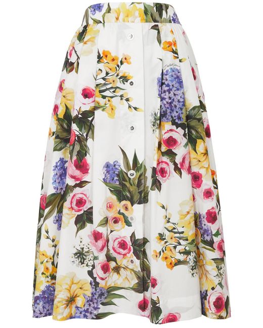Dolce & Gabbana White Floral-print Cotton Midi Skirt