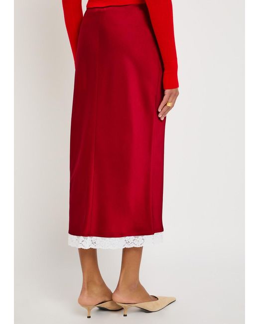 Victoria Beckham Red Lace Trim Satin Midi Slip Skirt