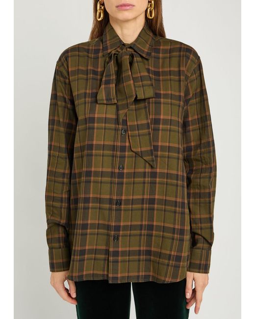 Saint Laurent Brown Checked Tie-Neck Cotton Shirt