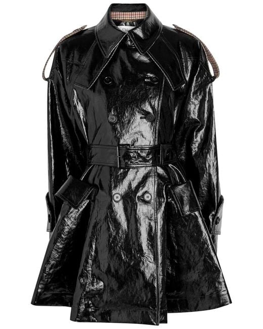 Chloé Black Houndstooth-Trimmed Coated Linen Trench Coat