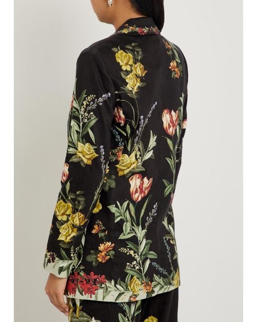Alice + Olivia Black Denny Floral-Print Linen-Blend Blazer