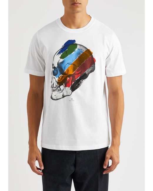 PS by Paul Smith White Stripe Skull Printed Cotton T-shirt for men