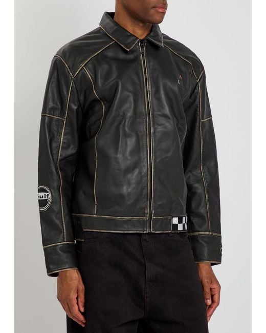 AN-Y1 Black Track Embroidered Leather Biker Jacket for men