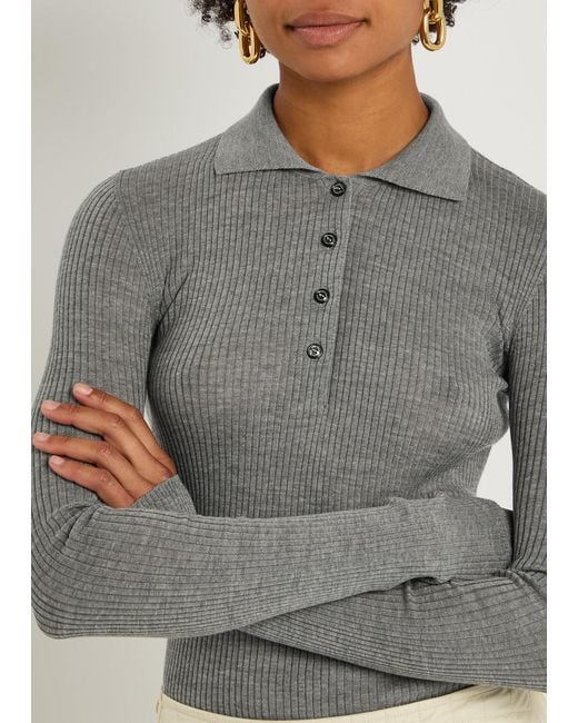 Moncler Gray Ribbed Wool Polo Top
