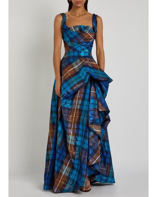 Vivienne Westwood Blue Long Chichi Tartan Gathered Woven Gown