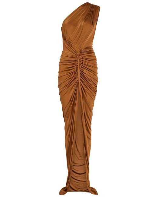 Rick Owens Brown Avra Gathered One-Shoulder Jersey Gown