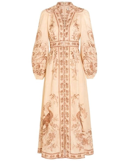 Zimmermann Natural Indra Printed Plunge Linen Midi Dress
