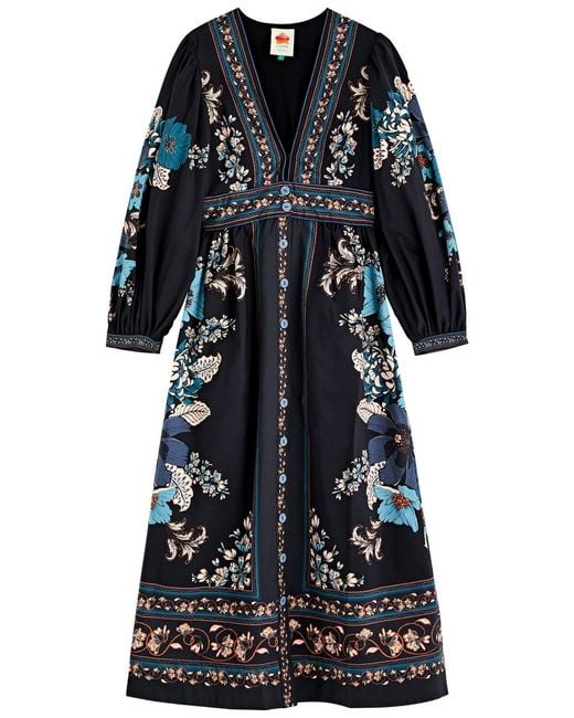 Farm Rio Blue Blossom Tapestry Floral-Print Cotton Midi Dress