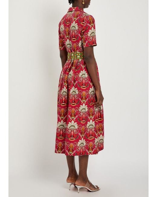 Emporio Sirenuse Red Claudia Printed Linen And Cotton-Blend Midi Shirt Dress