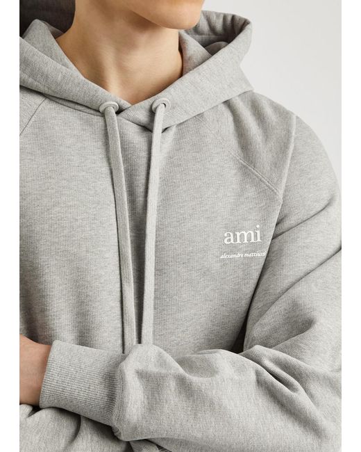 AMI Gray Logo Hooded Stretch-Cotton Sweatshirt for men
