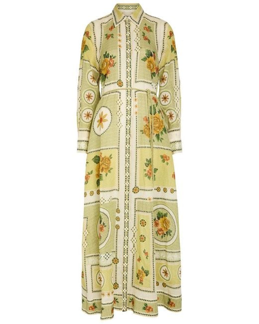 ALÉMAIS Yellow Dixie Printed Ramie Maxi Shirt Dress