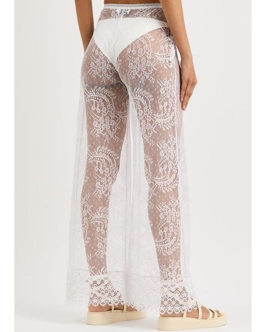 Charo Ruiz White Jeret Wide-Leg Sheer Lace Trousers
