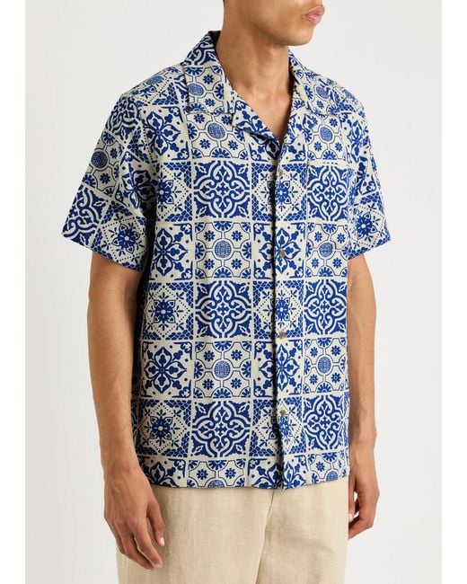 Les Deux Blue Tile Printed Cotton Shirt for men