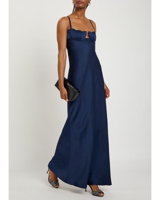 Anna October Blue Tulip Satin-Crepe Maxi Dress