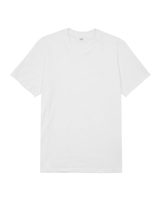 AMI White Logo-embroidered Cotton T-shirt for men