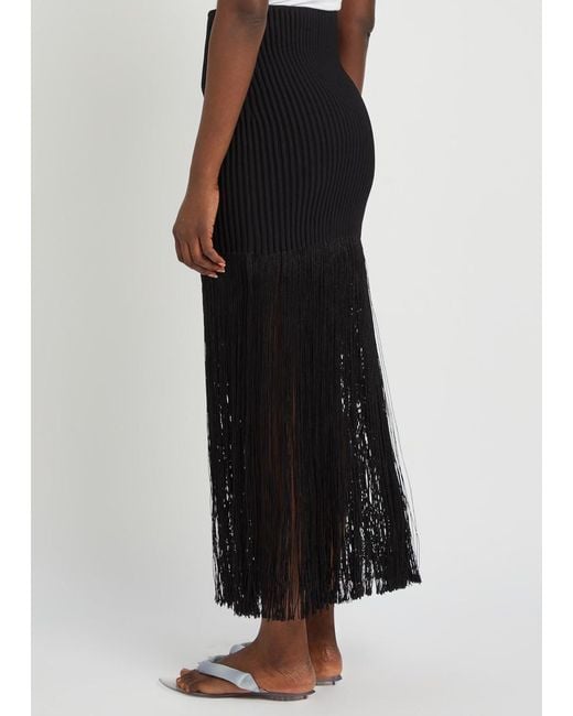 Alaïa Black Fringed Ribbed-Knit Skirt