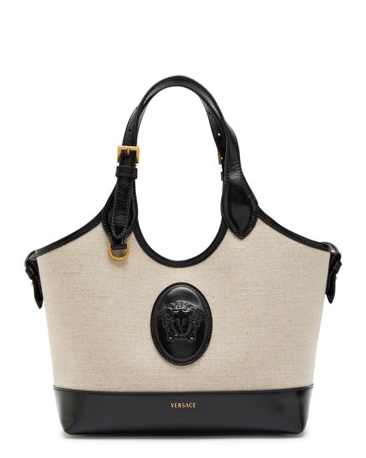 Versace Black Small Leather And Canvas Tote Bag