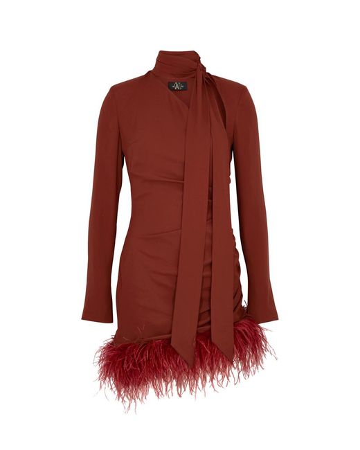 De La Vali Red Avenue Feather-trimmed Ruched Mini Dress