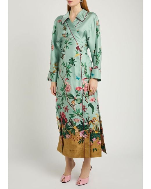 LaDoubleJ Green Midnight Printed Silk Midi Wrap Shirt Dress