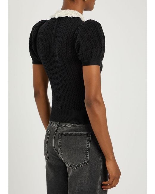Alice + Olivia Black Chase Puff Faux Pearl-Embellished Cotton-Blend Top