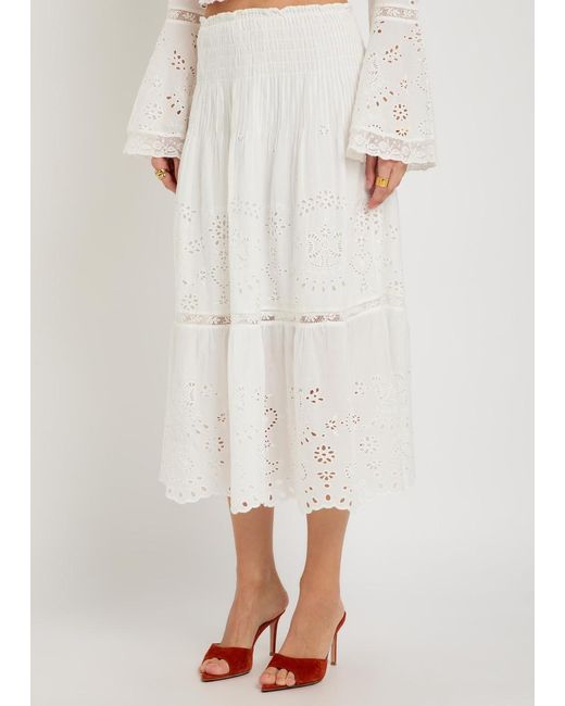 LoveShackFancy White Mallow Embroidered Cotton Midi Skirt