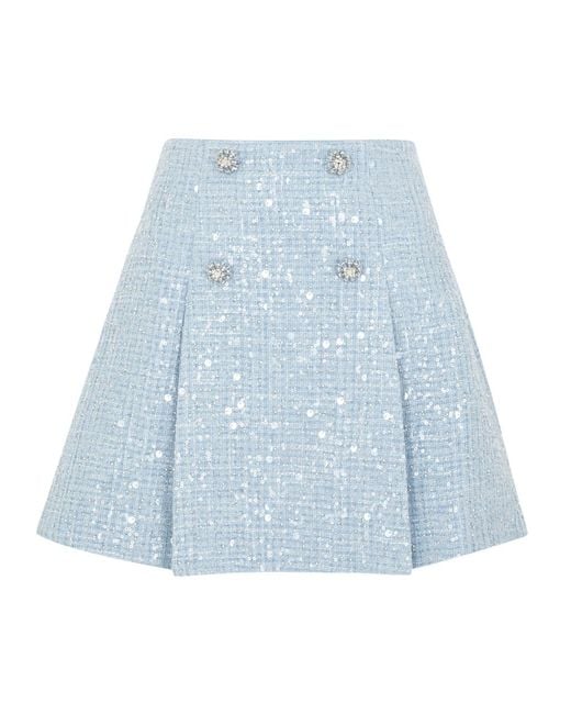 Self-Portrait Blue Sequin-embellished Bouclé Tweed Mini Skirt