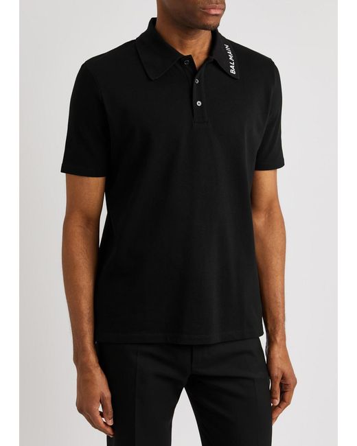 Balmain Black Logo-embroidered Piqué Cotton Polo Shirt for men
