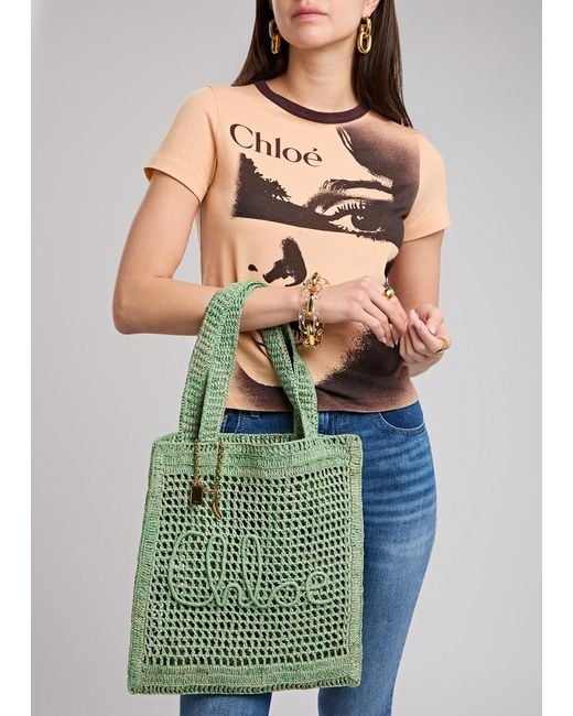 Chloé Green Summer Banana Logo Raffia Tote