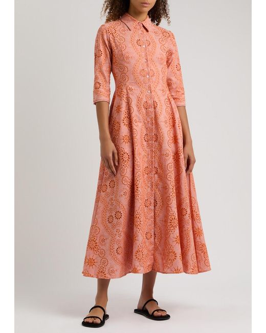 Evi Grintela Orange Cara Eyelet-Embroidered Cotton-Blend Midi Dress