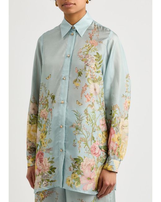 Zimmermann Blue Waverly Floral-Print Silk Shirt