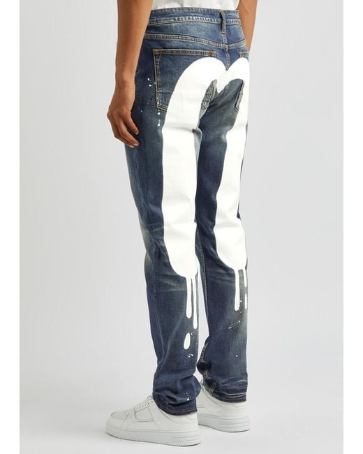 Evisu Blue Paint-splattered Slim-leg Jeans for men