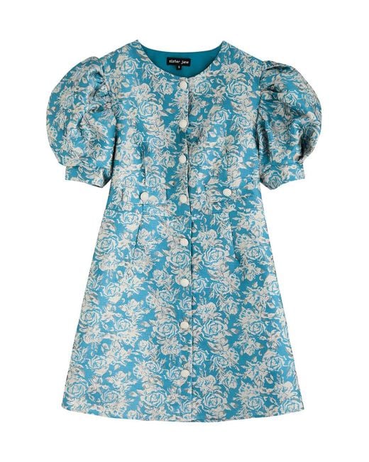 Sister Jane Blue Sapphire Floral-Brocade Mini Dress