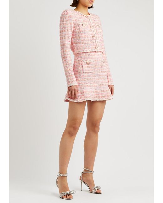 Self-Portrait Pink Checked Bouclé Knitted Mini Skirt