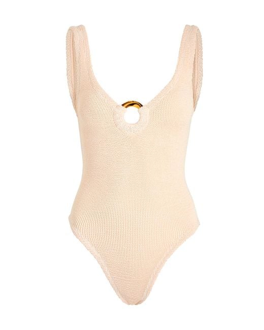 Hunza G White Celine Cut-Out Seersucker Swimsuit, V-Neck, Cut-Out Ring Detail, Machine Wash, Swimsuits