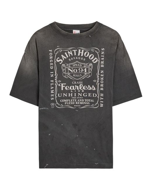 SAINT Mxxxxxx Gray Fearless Printed Distressed Cotton T-Shirt for men